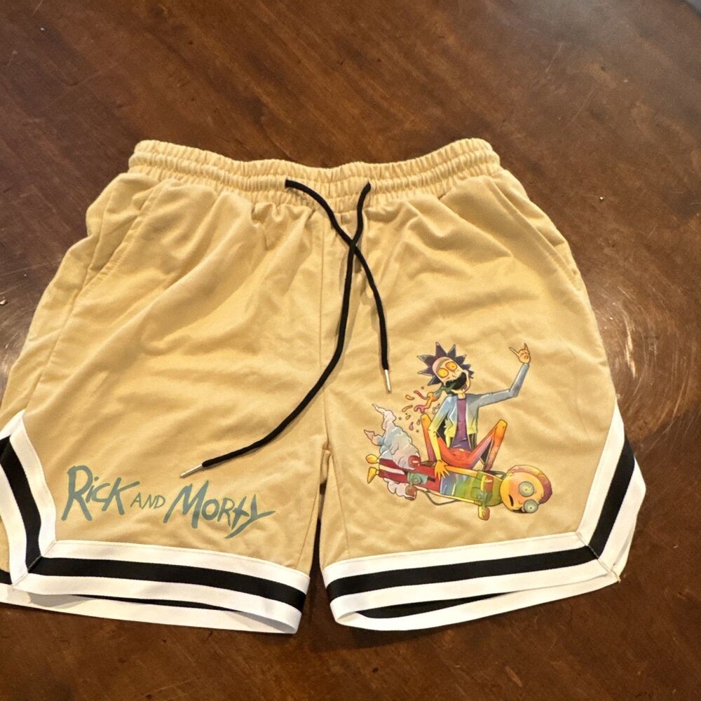 Rick and Morty Men's Beige Sweat Shorts Graphic Print Cartoon Drawstring S